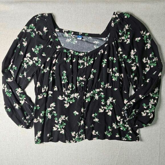Floral Black Rayon Blouse with Smocked‎ Waist and Blousy Sleeves Size 2x - Picture 6 of 12